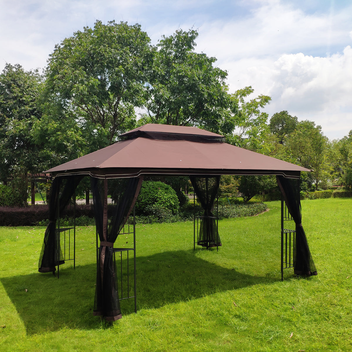 Brown Outdoor Patio Gazebo Canopy Tent With Mosquito Net J236337