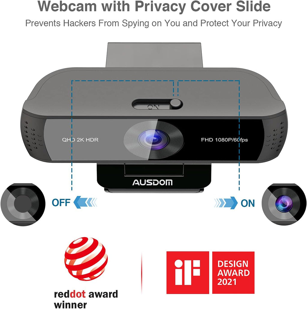2K QHD AutoFocus Webcam, 1080P 60FPS Zoomable Streaming Web Camera, HDR, Dual Noise Cancelling Microphones, Cover Slide & Tripod, Pack of 2 O44242