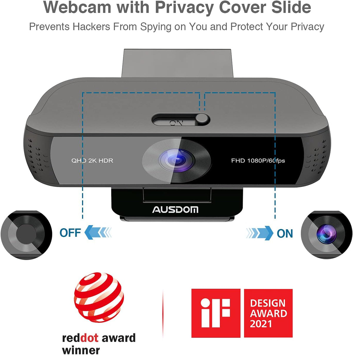 2K QHD AutoFocus Webcam, 1080P 60FPS Zoomable Streaming Web Camera, HDR, Dual Noise Cancelling Microphones, Cover Slide & Tripod, Pack of 2 O44242