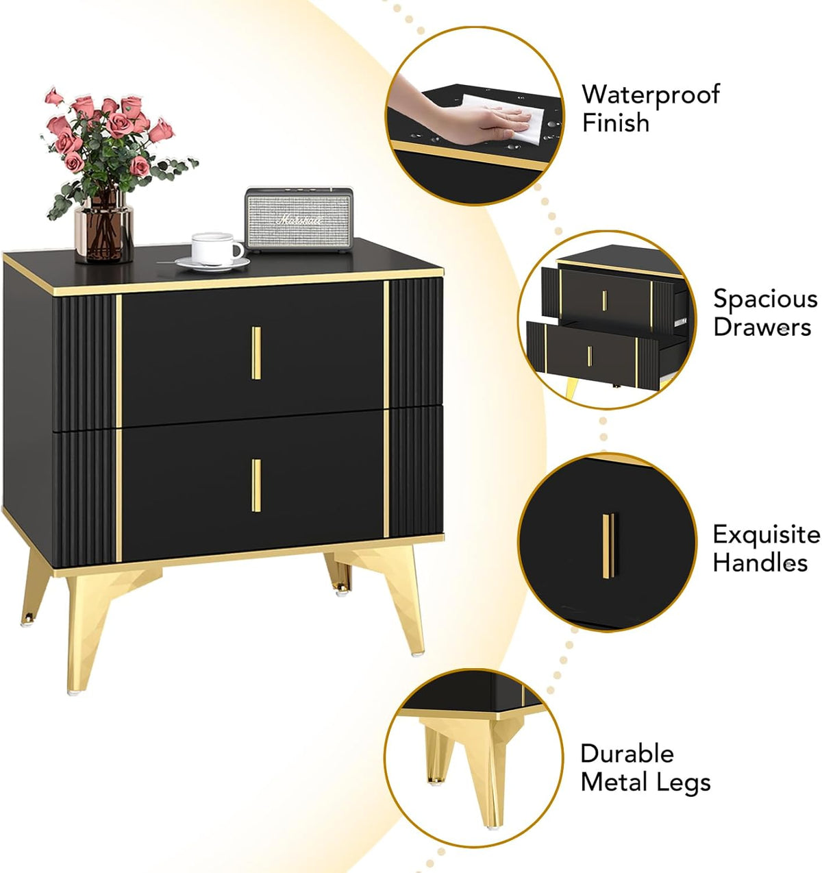 Black Nightstand Set of 2 with 2 Wood Drawers W463306
