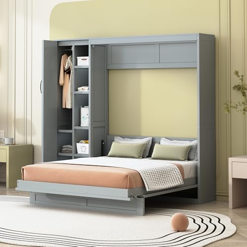 Gray Queen Size Murphy Bed with Storage Shelves and LED Lights M475740