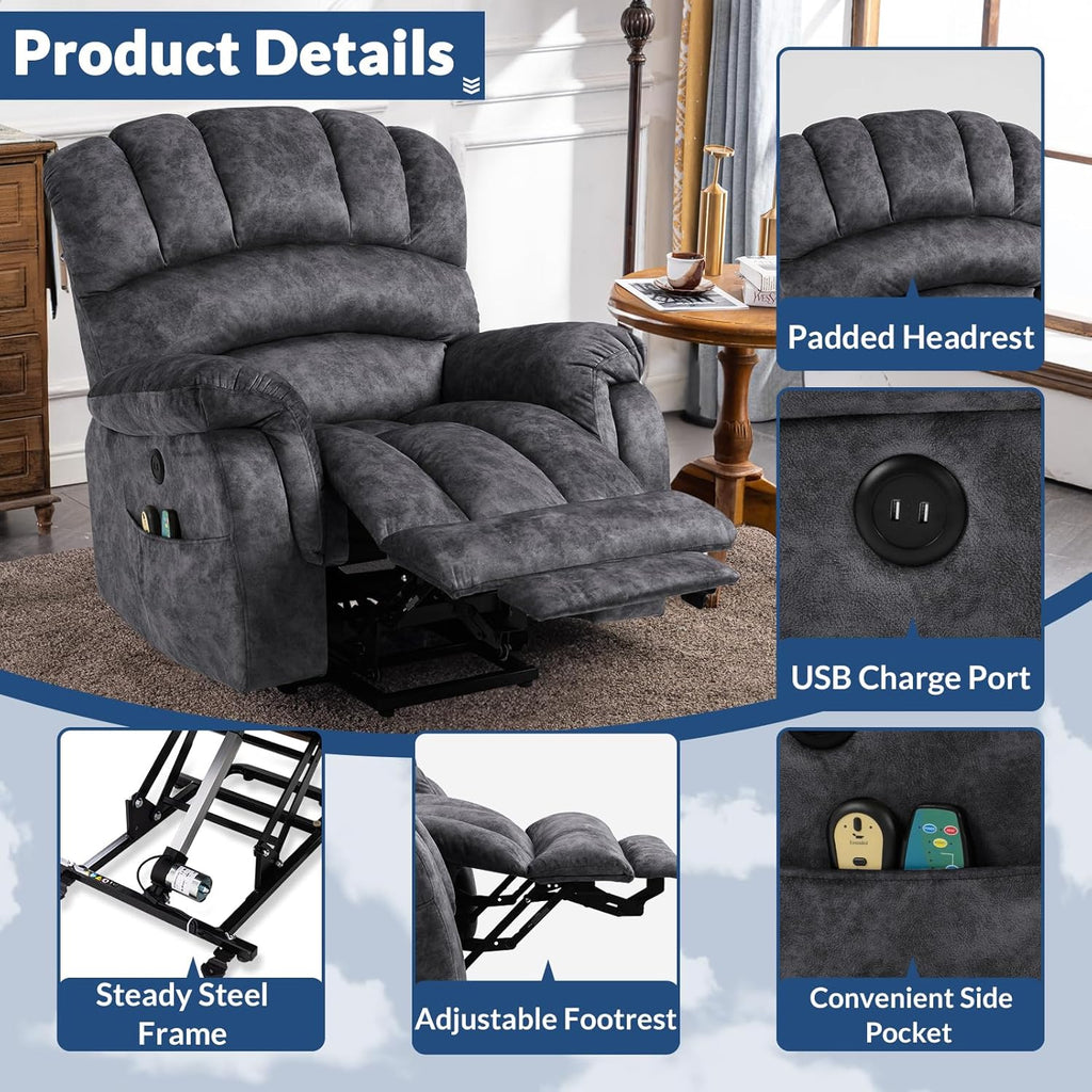 Large Electric Power Lift Recliner Chair with Extended Footrest, Gray L296