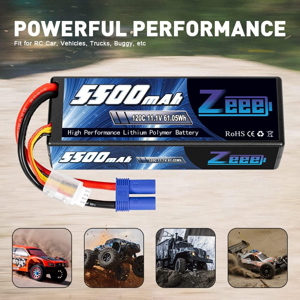3S Lipo Battery 5500mAh 11.1V 120C Hard Case with EC5 Connector 2 Pack I4184