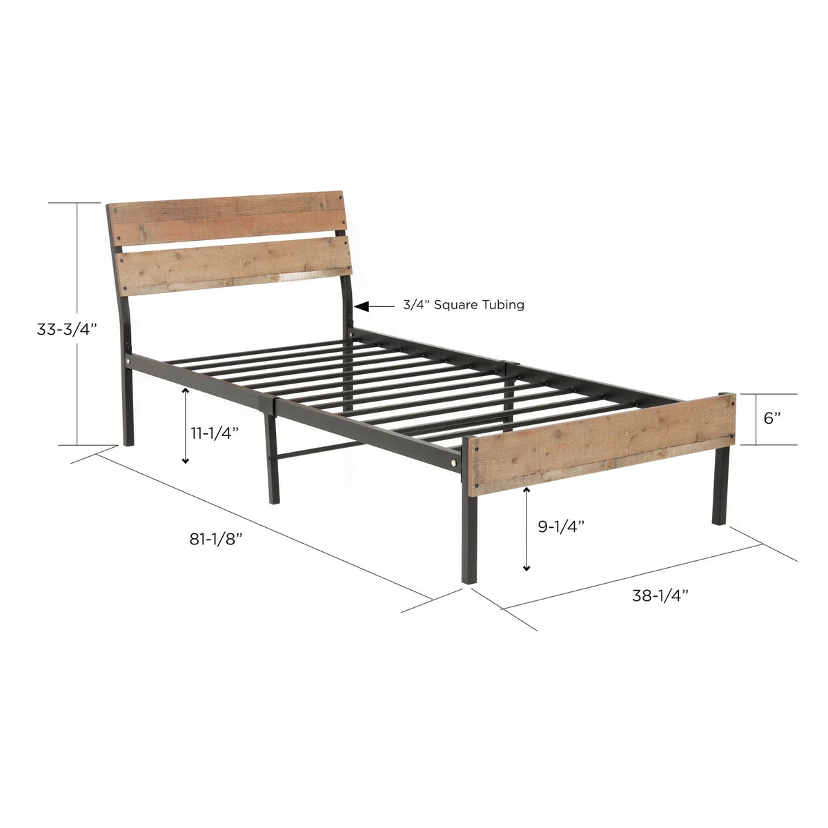 Twin Bed Frame with Black Metal Base and Rustic Barnwood Headboard and Footboard G3942