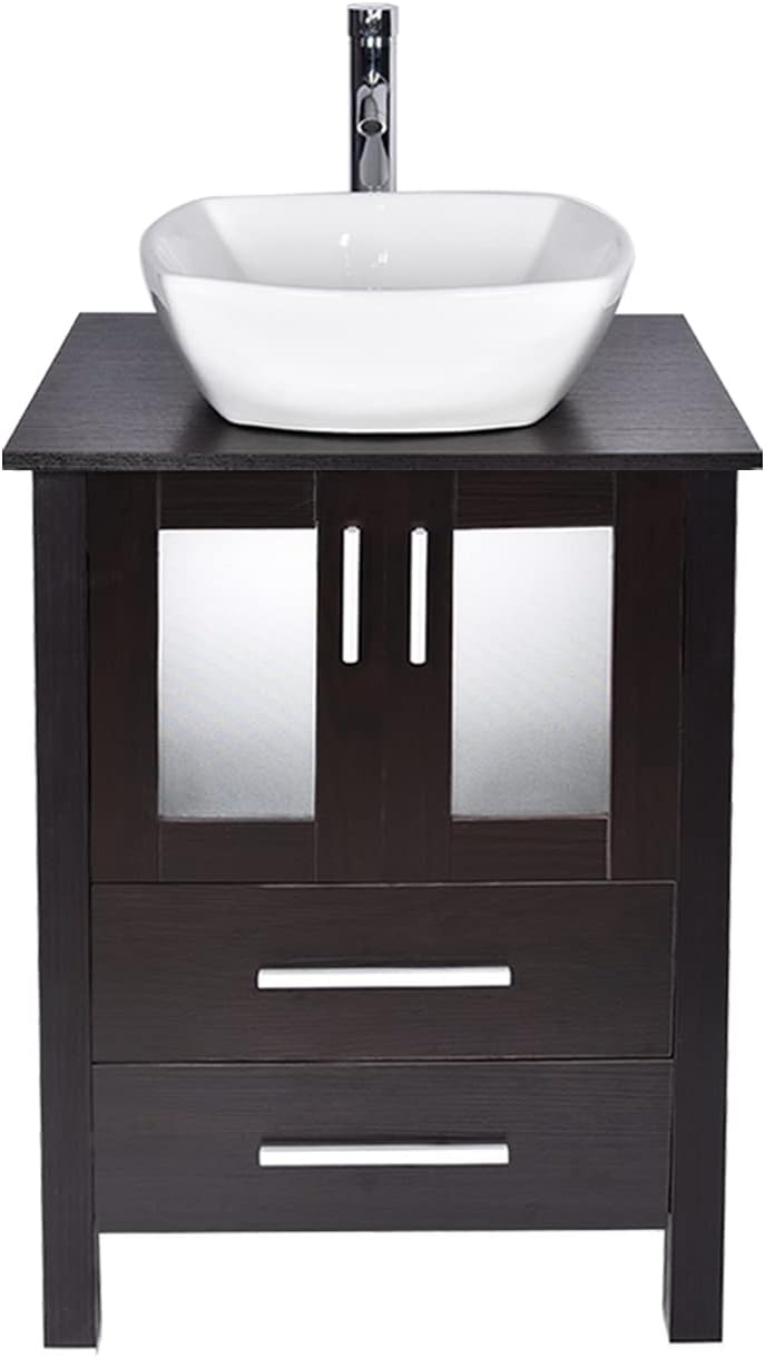 24-Inch MDF Wood Dark Coffee Bathroom Vanity with Square Glass Sink Top T25859