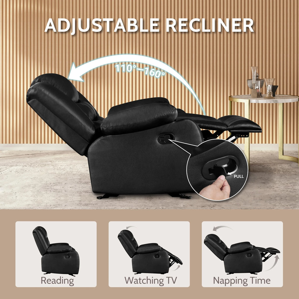 Oversized Faux Leather Manual Rocker Recliner Chair, Black W30626