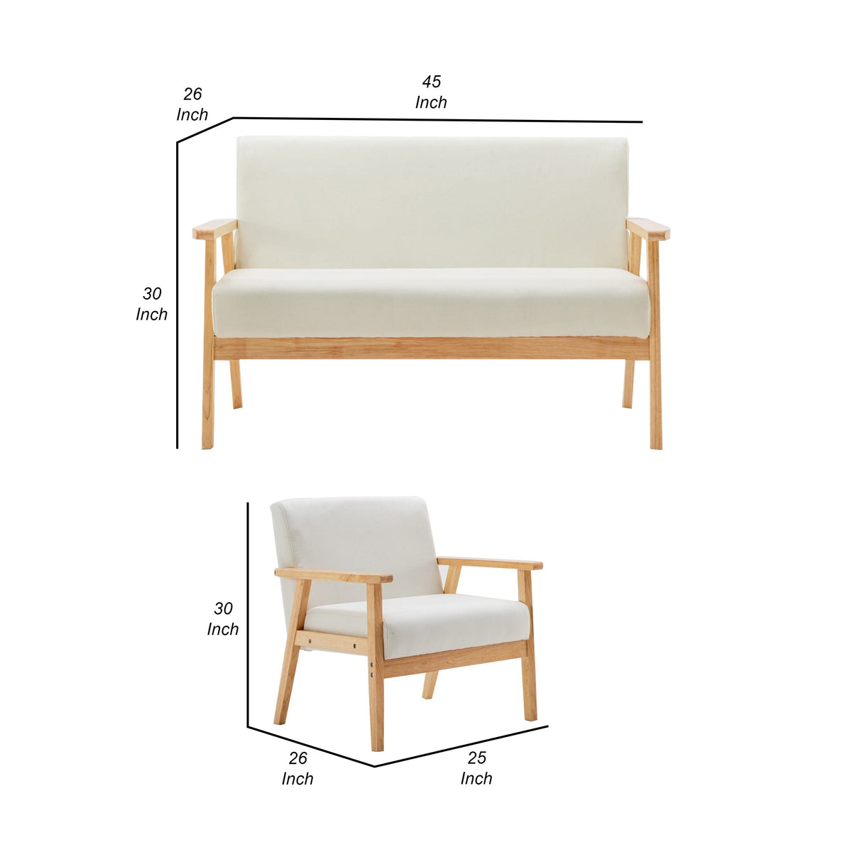 3 Piece Loveseat and Chair Set, Ivory Fabric, Espresso Wood Frame F2830