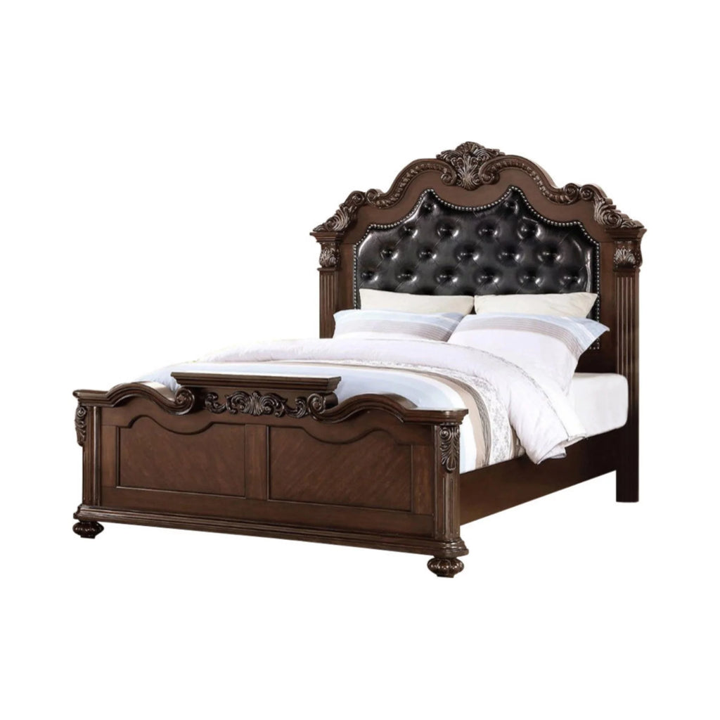 Black PU Tufted Wooden E.King Bed Dark Walnut P159718