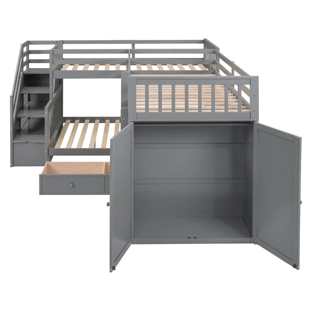 Twin-Twin Over Full L-Shaped Bunk Bed with Wardrobe and Desk I34736