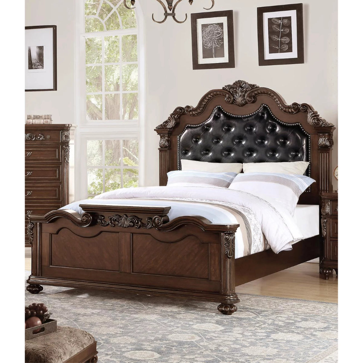 Black PU Tufted Wooden E.King Bed Dark Walnut P159718