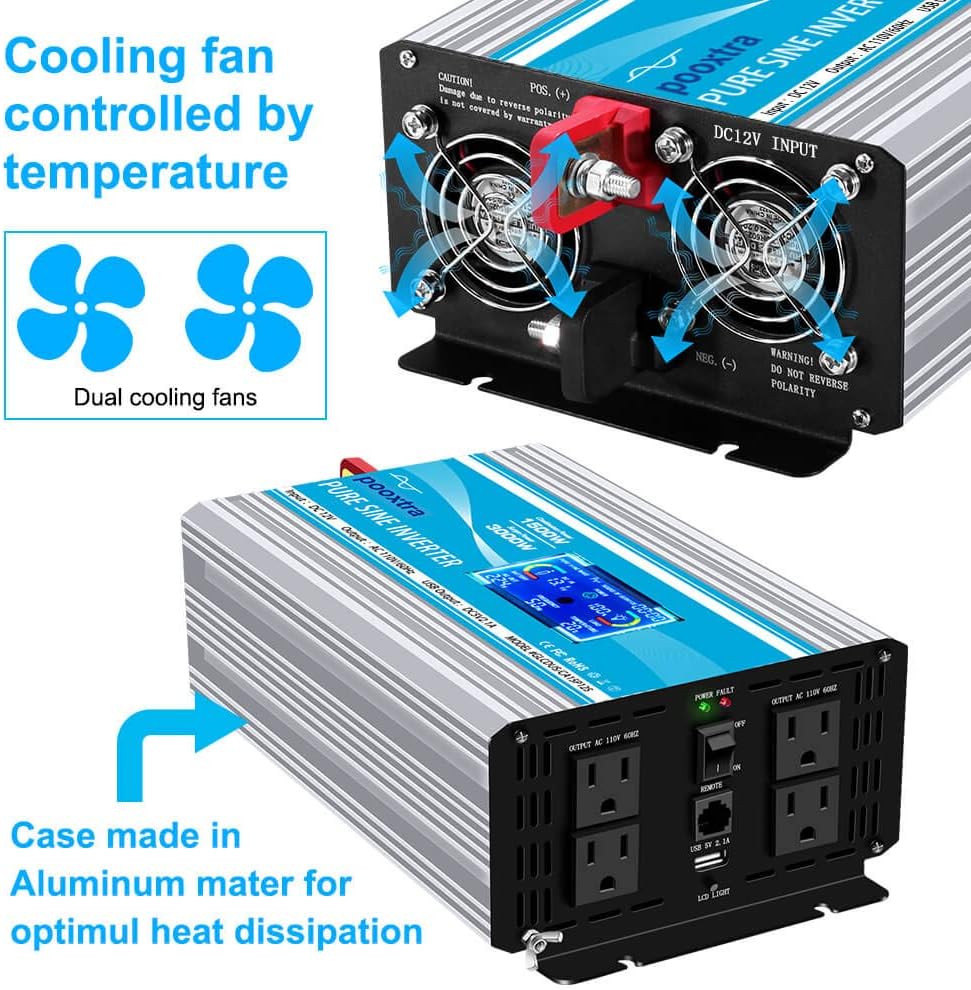 1500 Watt Pure Sine Wave Power Inverter 12V DC to 110V/120V AC with LCD Display USB Port 4AC Outlets V41910