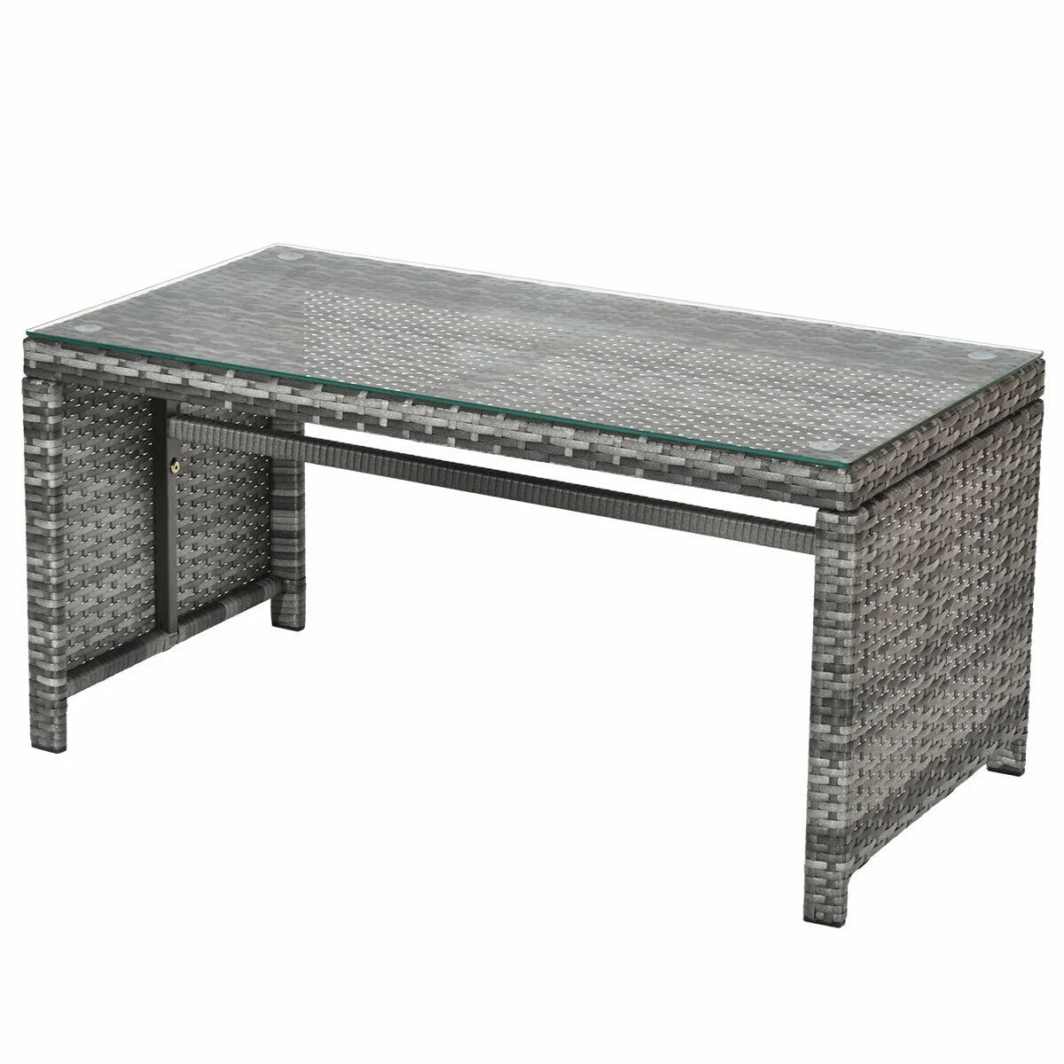 White Rattan Patio Furniture Set with Glass Table Top Cushioned Sofa F127