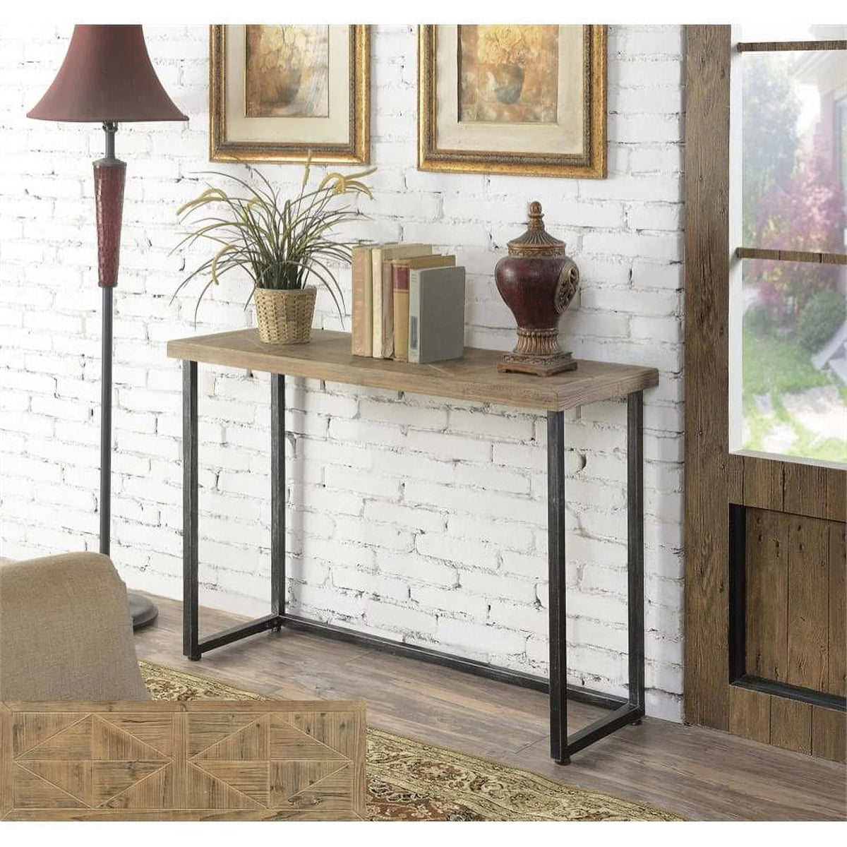 Farmhouse Console Table in Natural Wood Finish and Black Frame J858