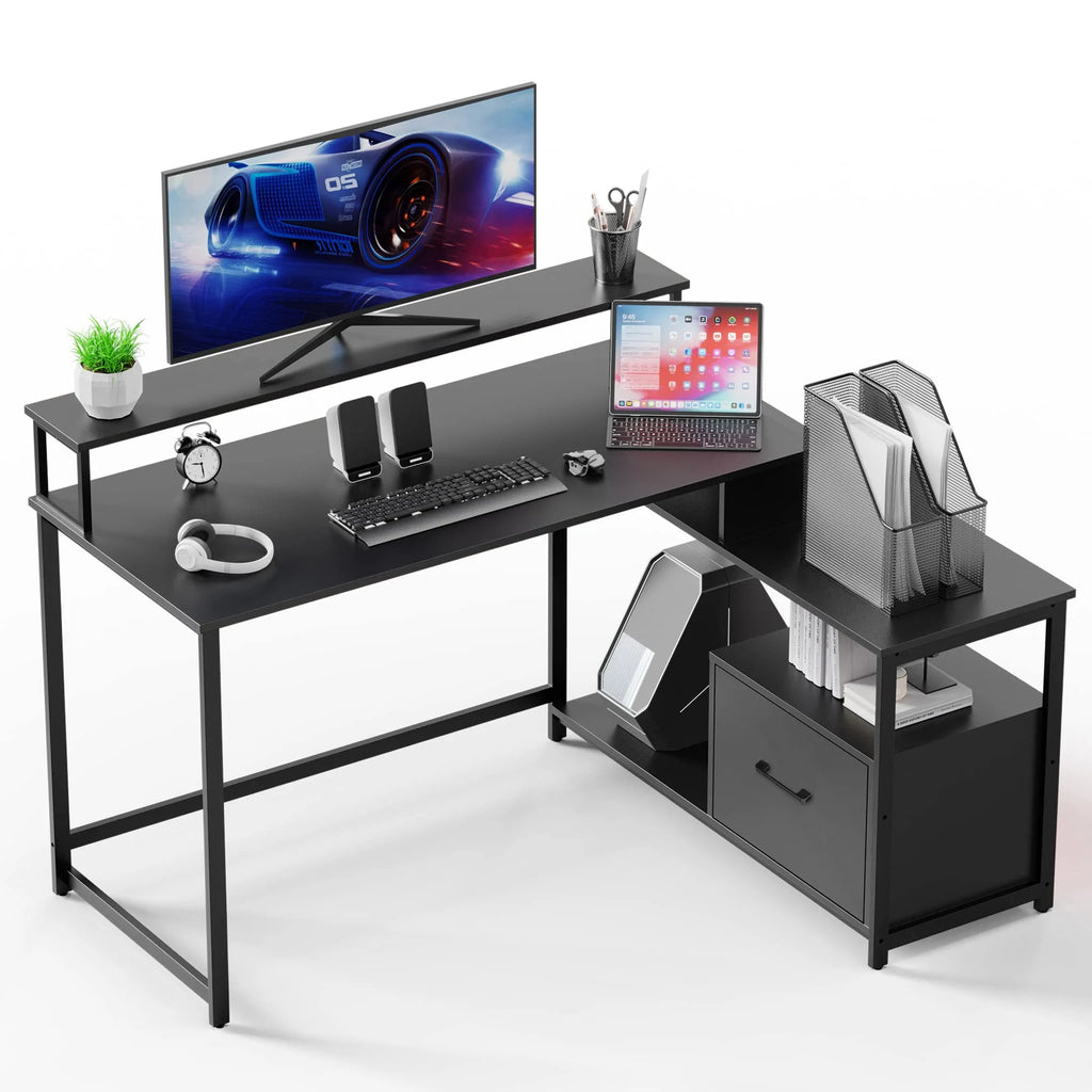 L-Shaped Computer Desk with File Drawer and Monitor Shelf B51348