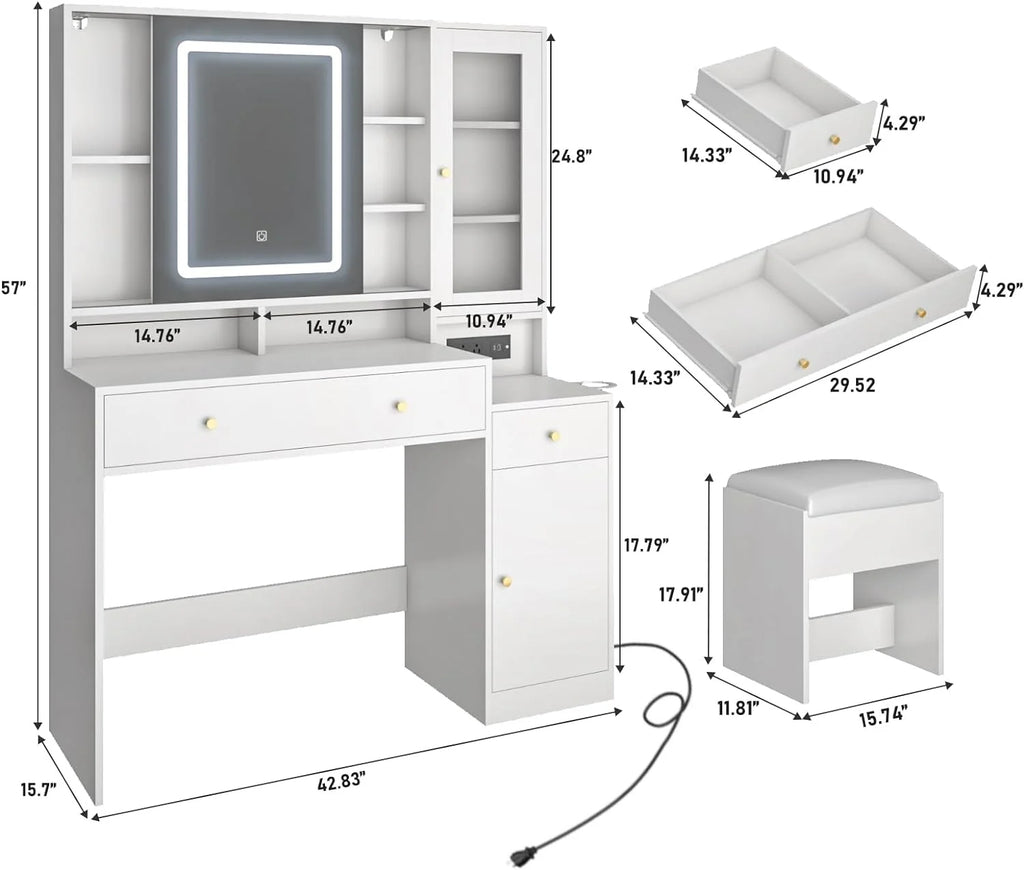 White Vanity Desk with Sliding Mirror and Lights S5072