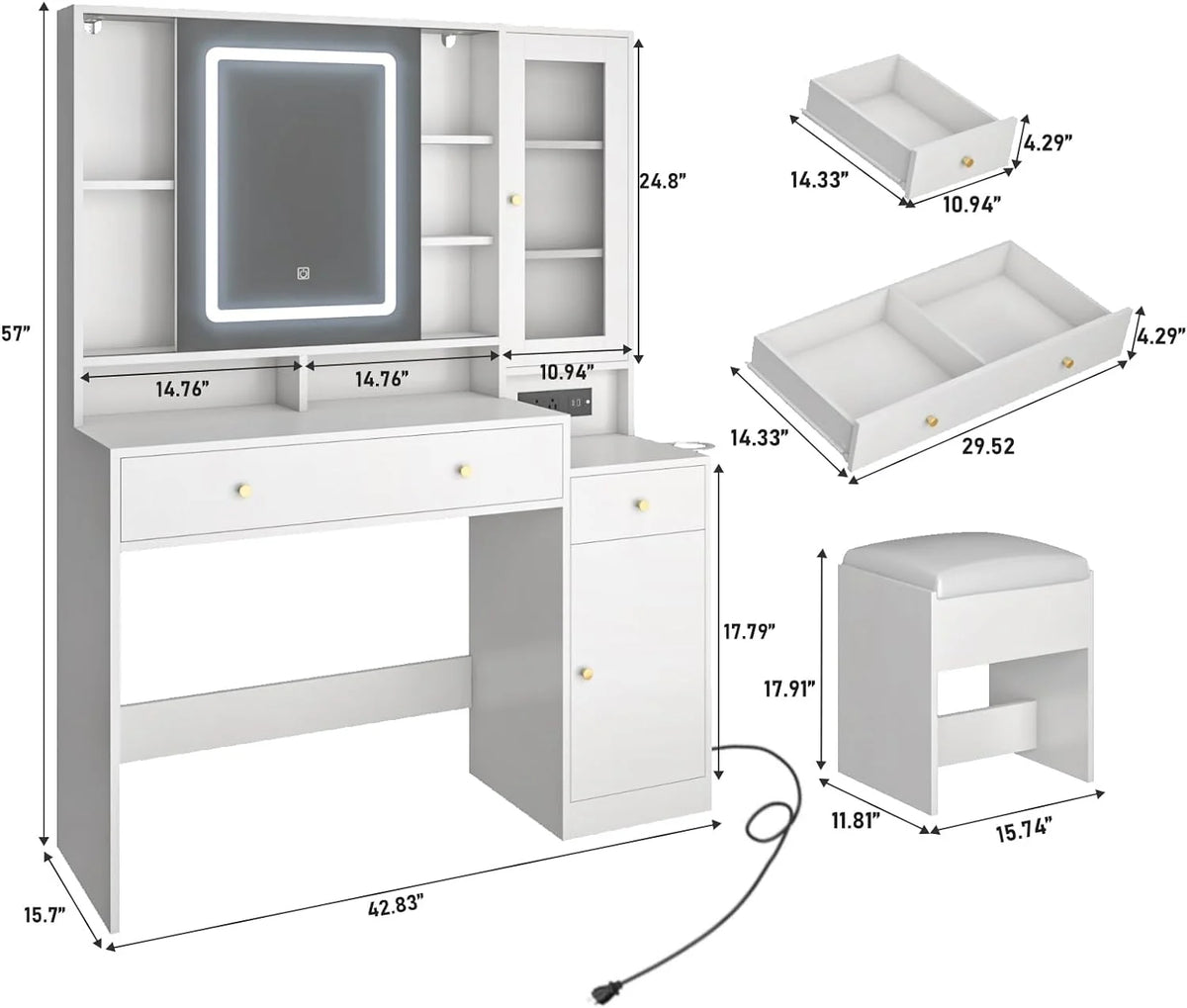 White Vanity Desk with Sliding Mirror and Lights S5072