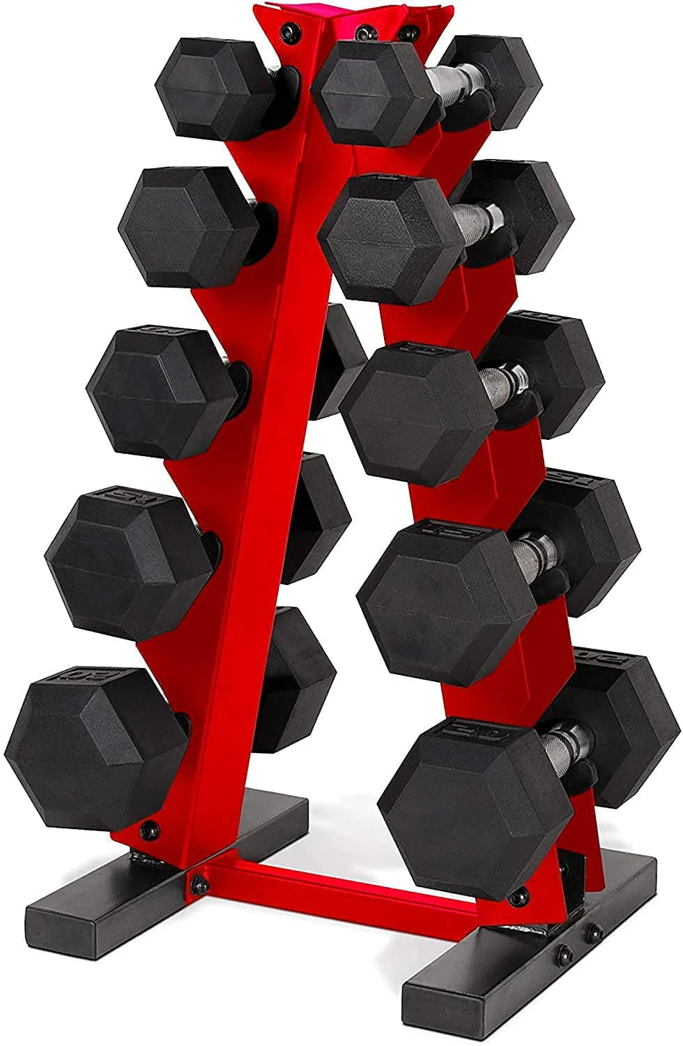 5-25 Lb. Rubber Coated Hex Dumbbell Set with Storage Rack L87259