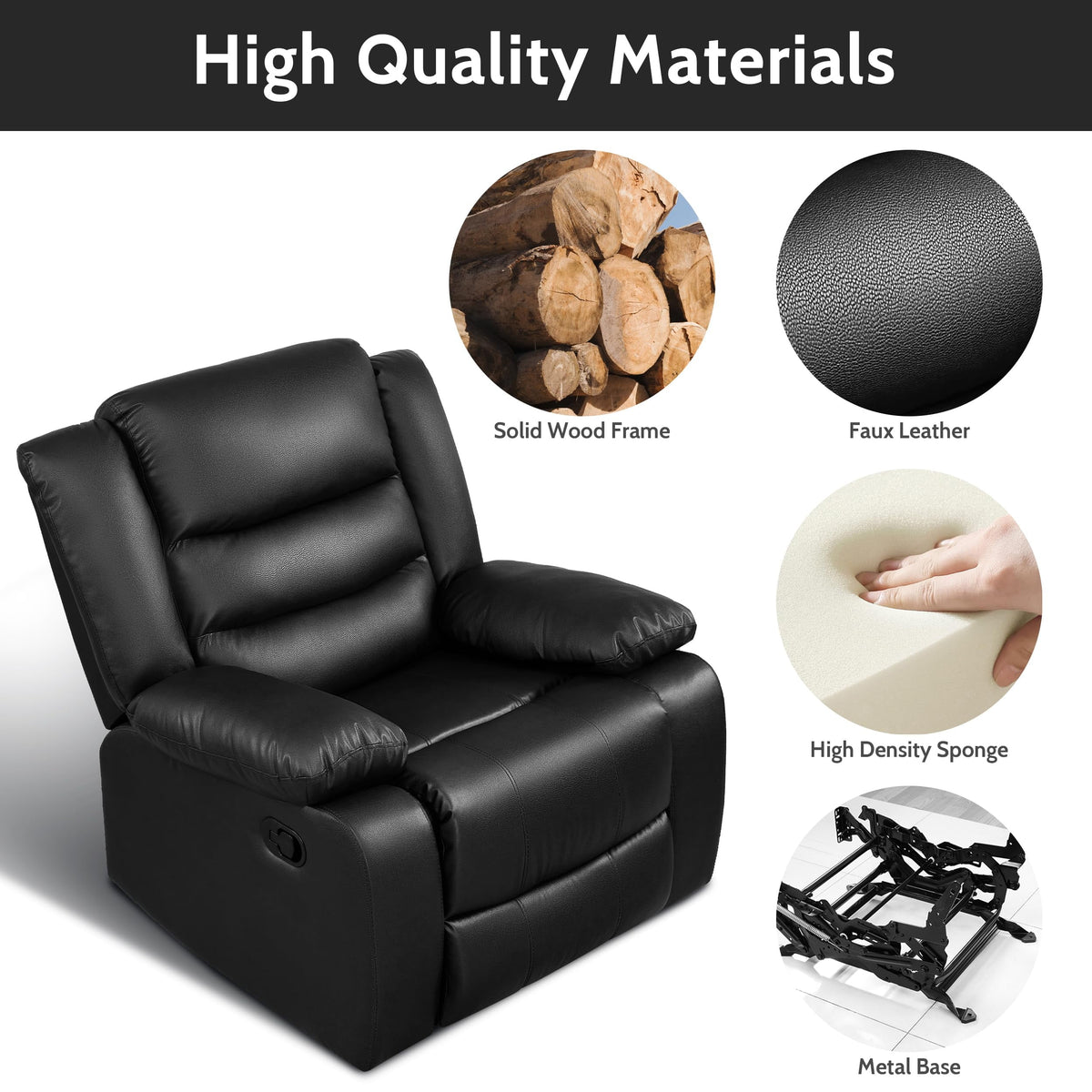 Oversized Faux Leather Manual Rocker Recliner Chair, Black W30626