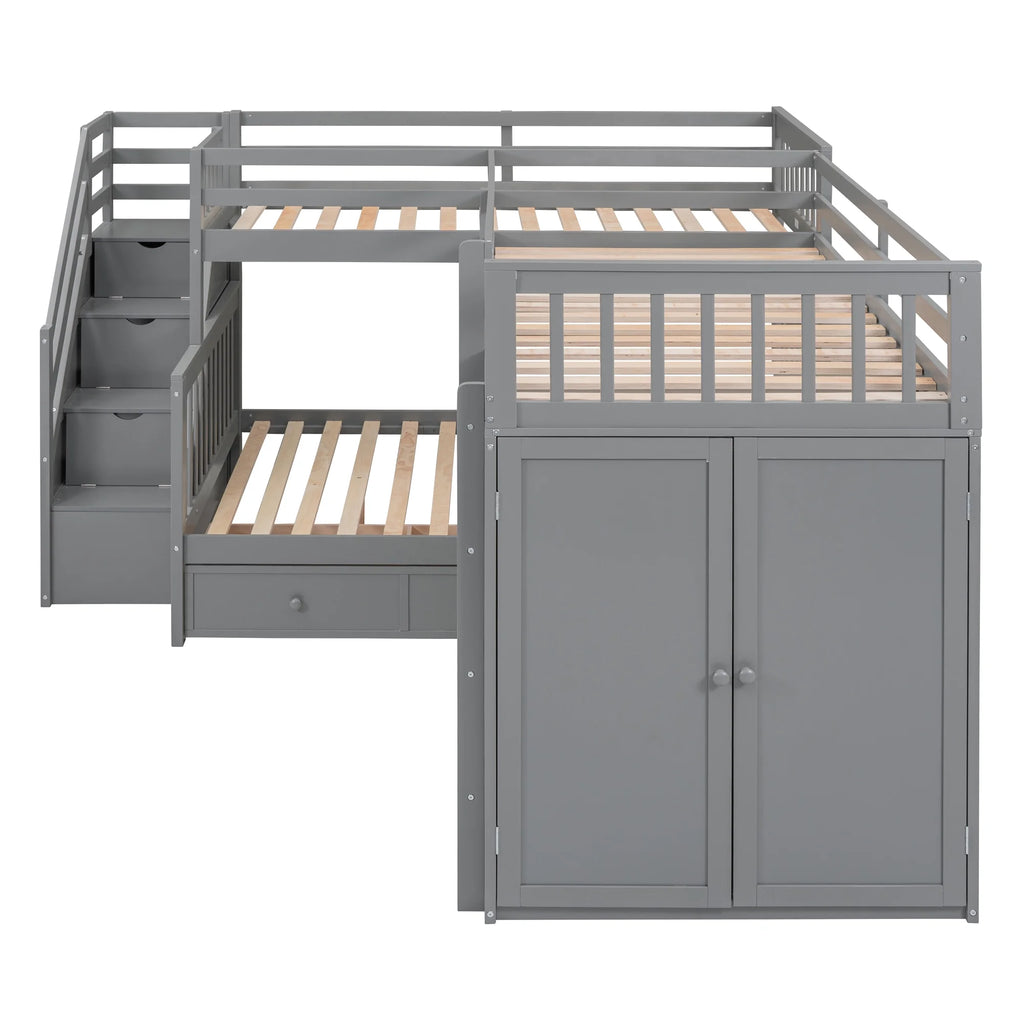 Twin-Twin Over Full L-Shaped Bunk Bed with Wardrobe and Desk I34736