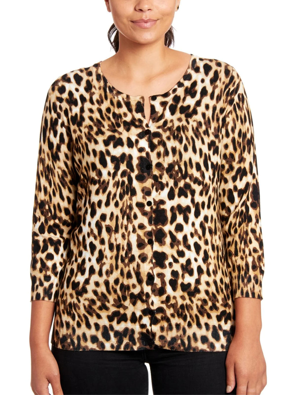 Animal Print Three-Quarter Sleeve Cardigan Sweater A5653