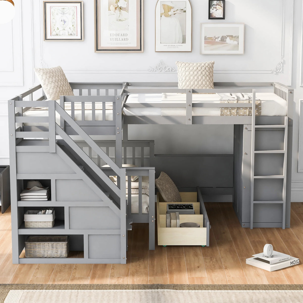 Twin-Twin Over Full L-Shaped Bunk Bed with Wardrobe and Desk I34736