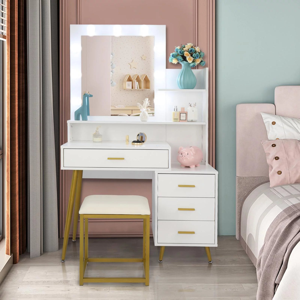 White Vanity Table Set with Lighted Mirror and 4 Drawers S165357