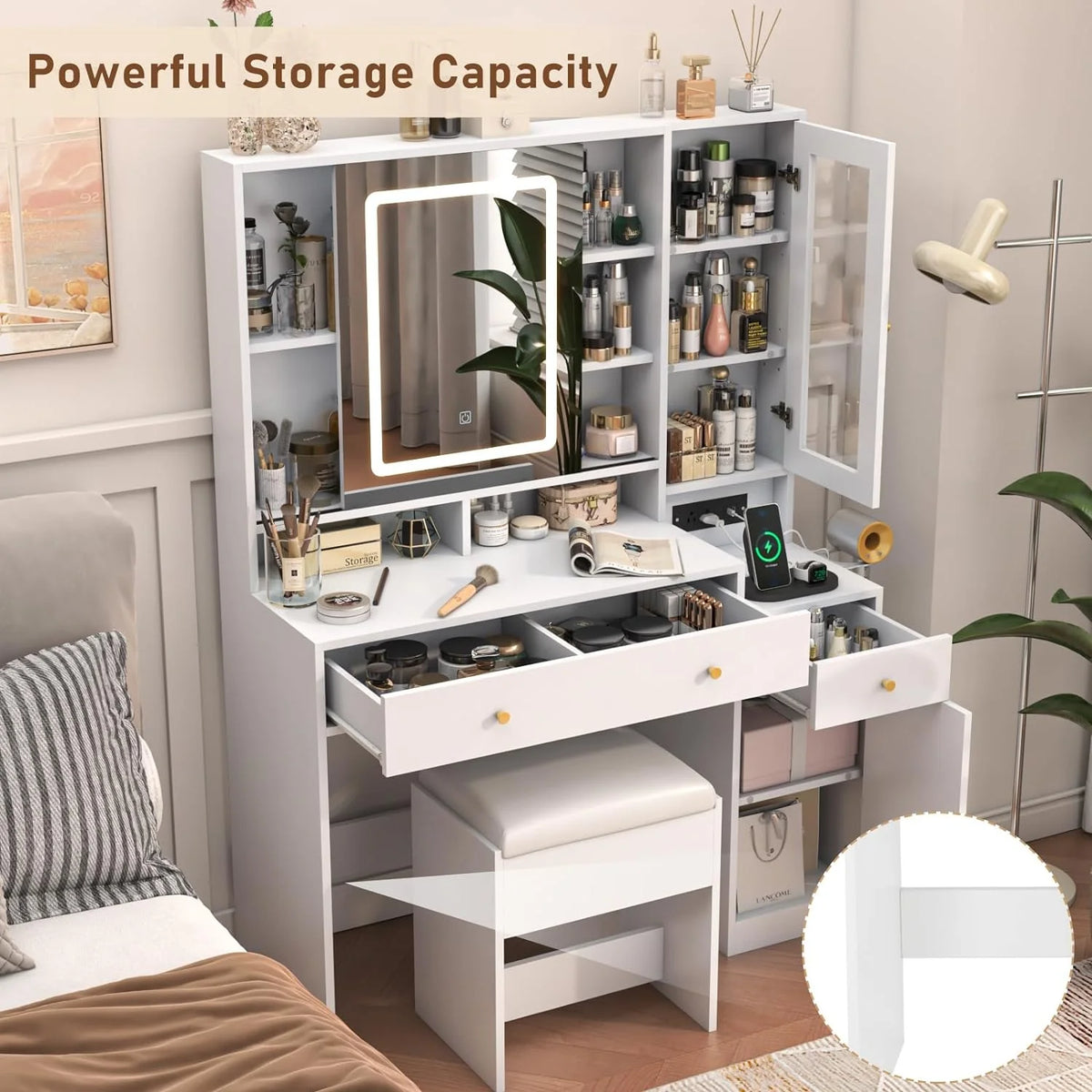 White Vanity Desk with Sliding Mirror and Lights S5072