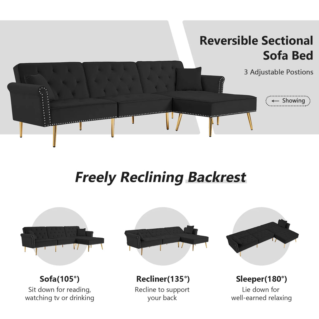 Velvet L Shaped Reversible Sectional Couch with Ottoman Q489