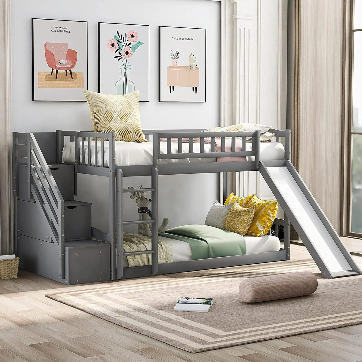 Wooden Bunk Bed with Slide and Guardrail T422785