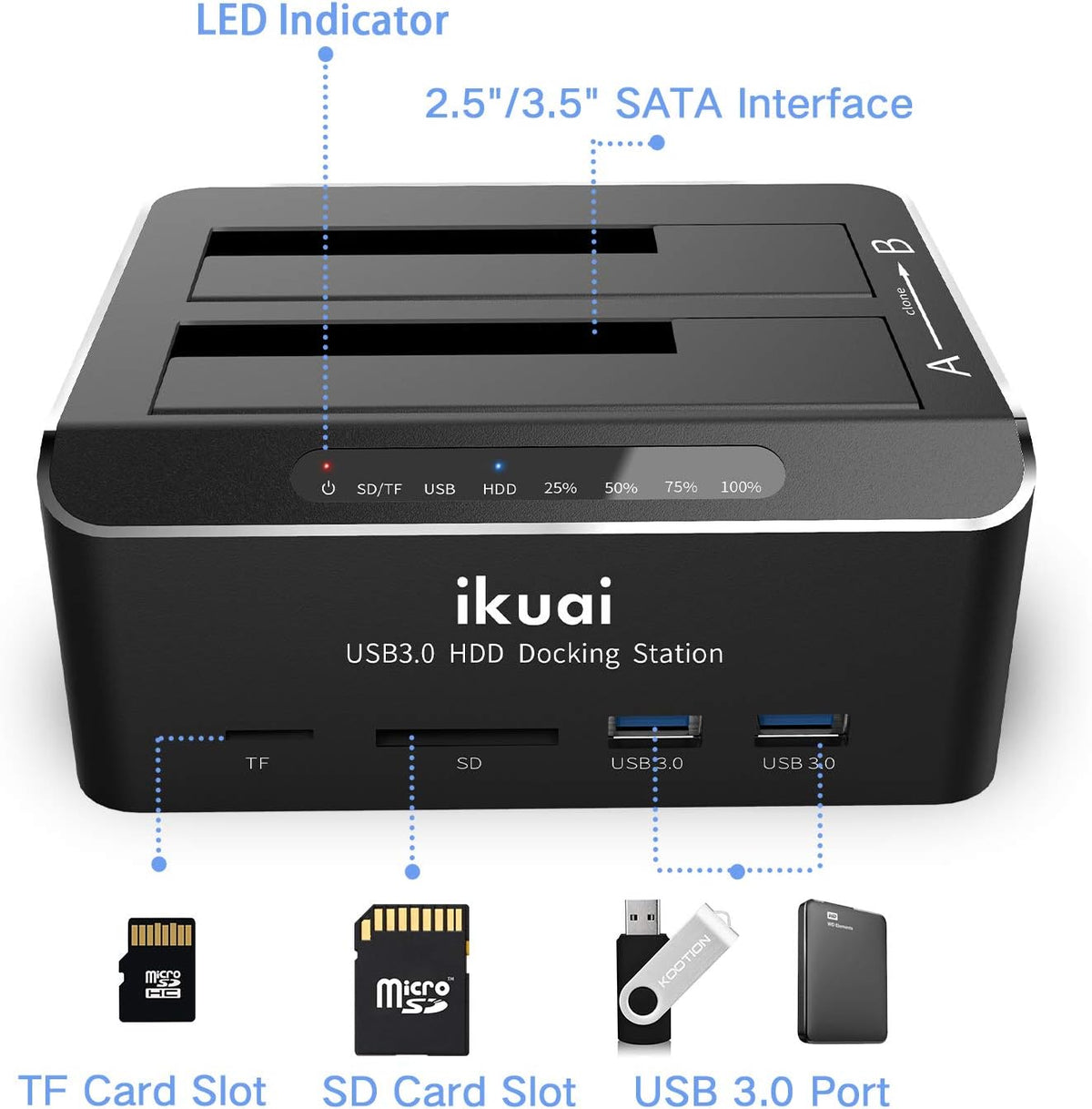 SATA to USB 3.0 Dual Bay Hard Drive Dock with SD TF Card Reader and Offline Clone Function W753847