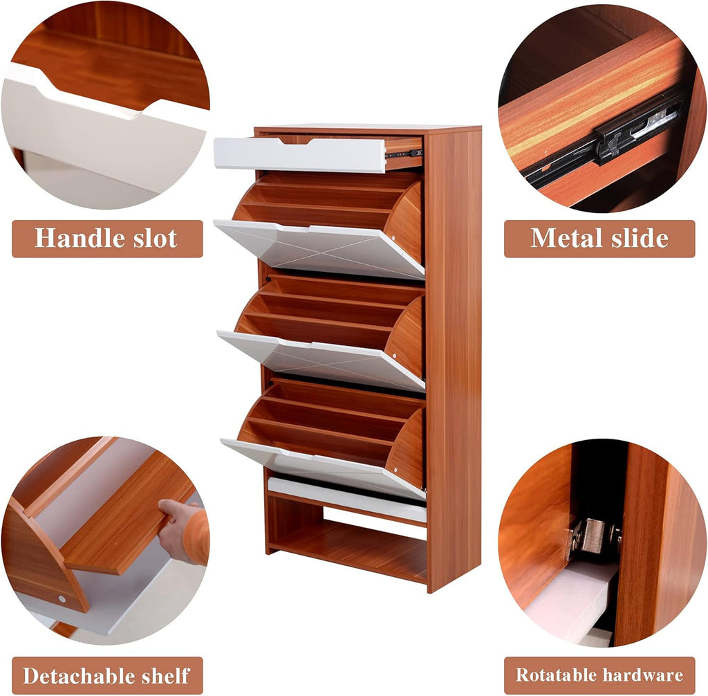 Shoe Storage Cabinet Wood with Doors and Shelves, 4 Fold Out Drawers L915