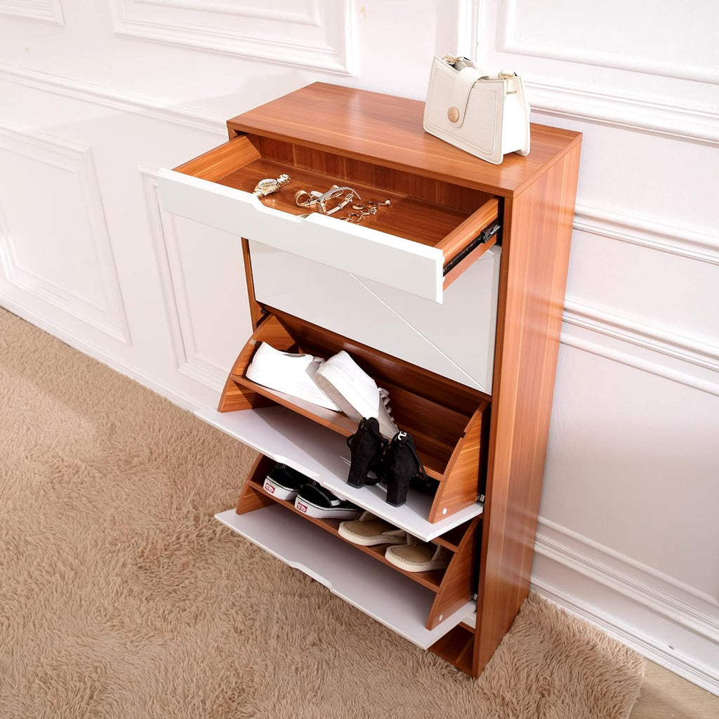 Shoe Storage Cabinet Wood with Doors and Shelves, 4 Fold Out Drawers L915