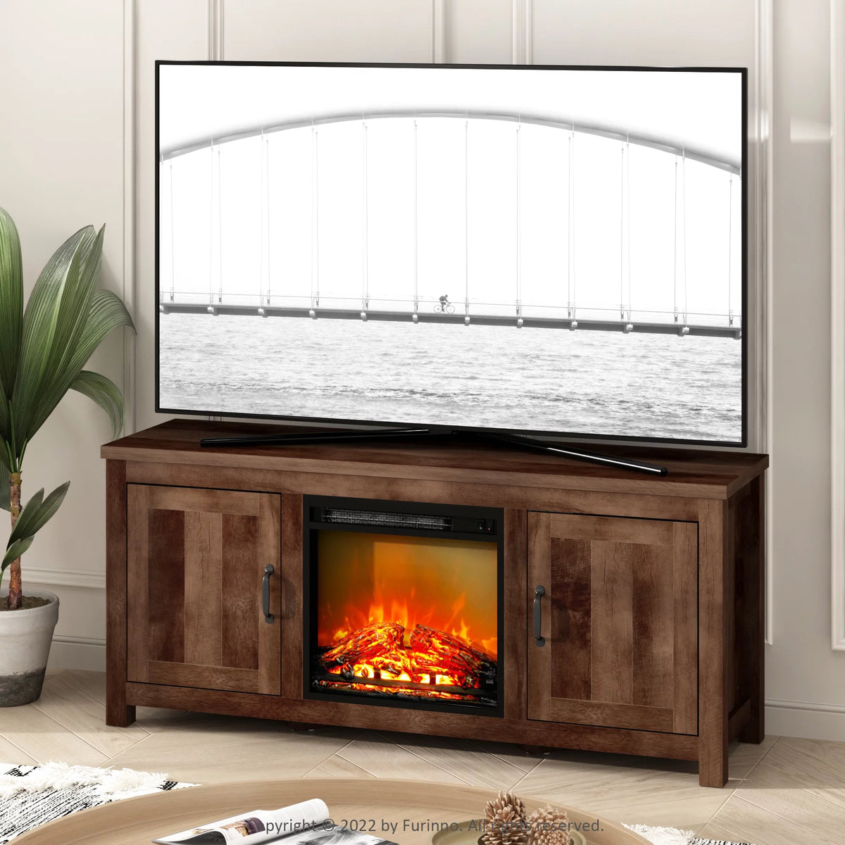 Farmhouse Barn Door Fireplace TV Stand with Storage Cabinet for TV up to 60 Inch, Rustic Brown C2838