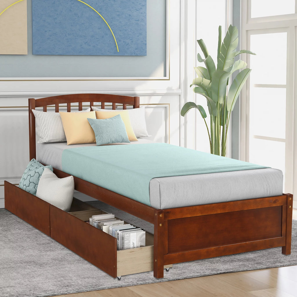 White Wood Twin Size Platform Bed with 2 Drawers S66372