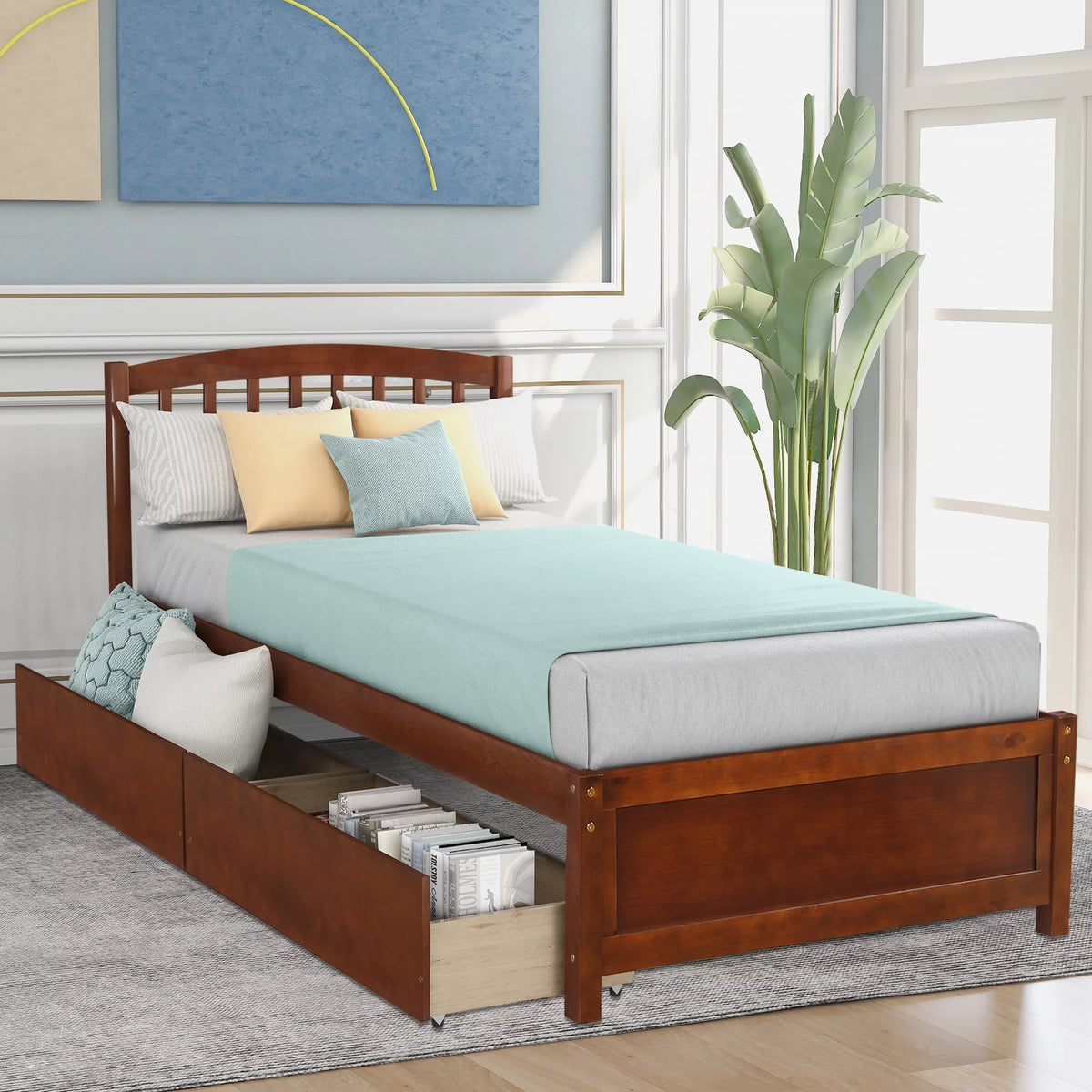 White Wood Twin Size Platform Bed with 2 Drawers S66372