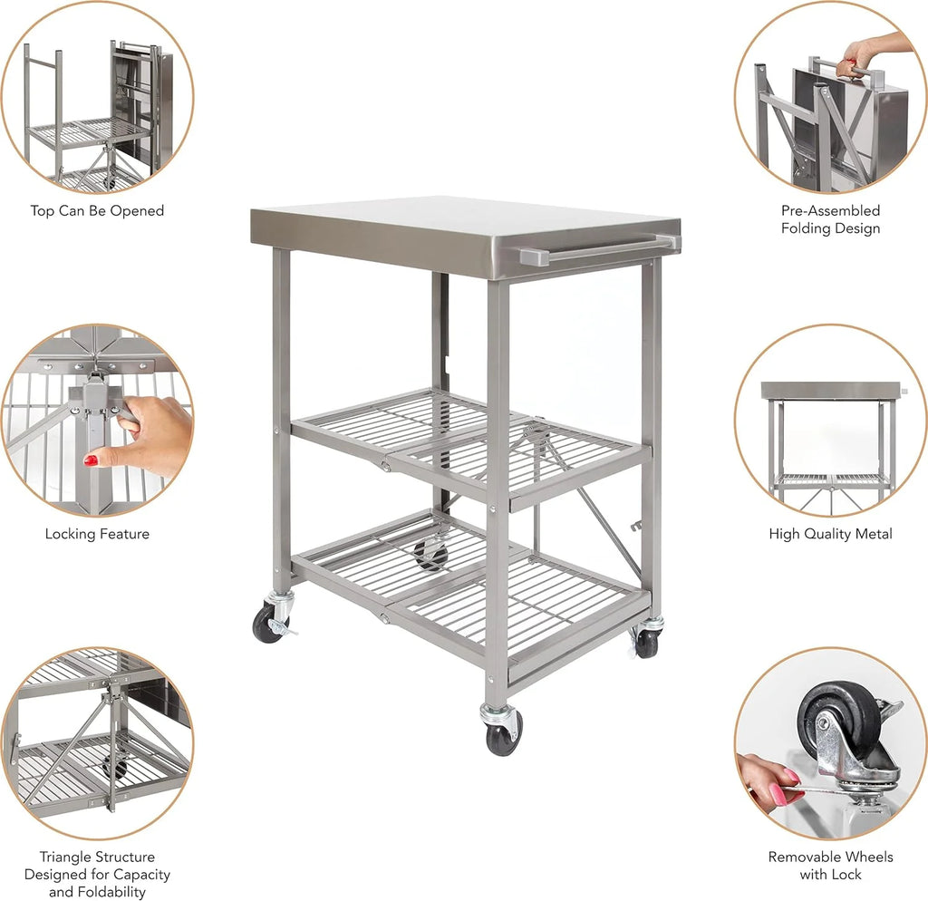 Stainless Steel 3-Tier Foldable Rolling Cart B6924