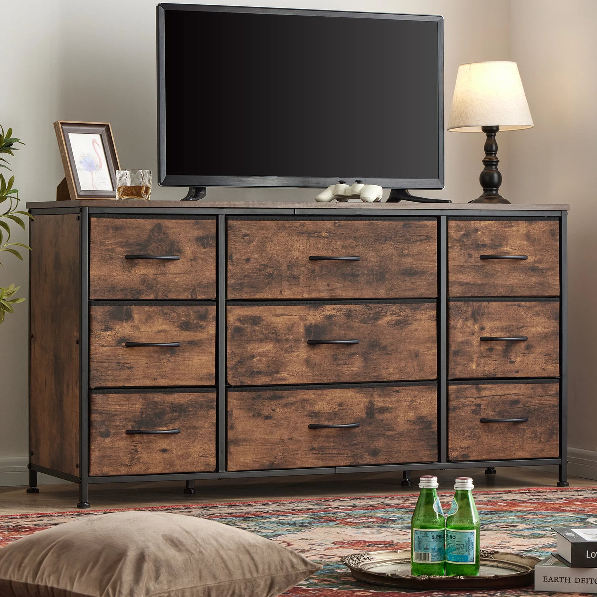 Black 9 Drawer Wide Dresser TV Stand K799402