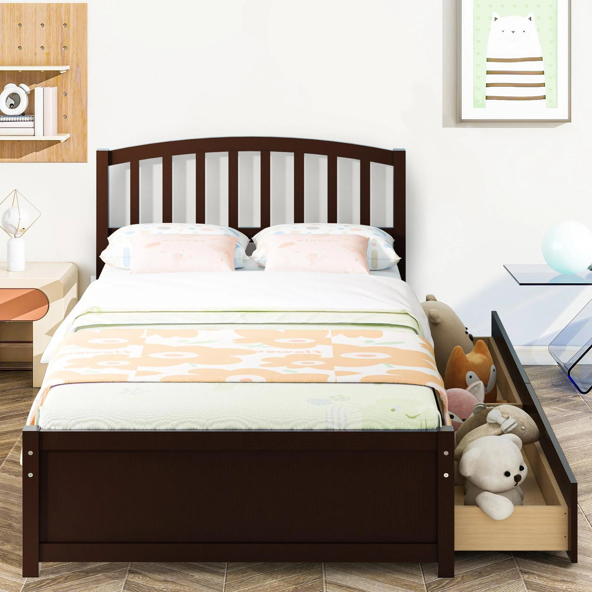 White Wood Twin Size Platform Bed with 2 Drawers S66372