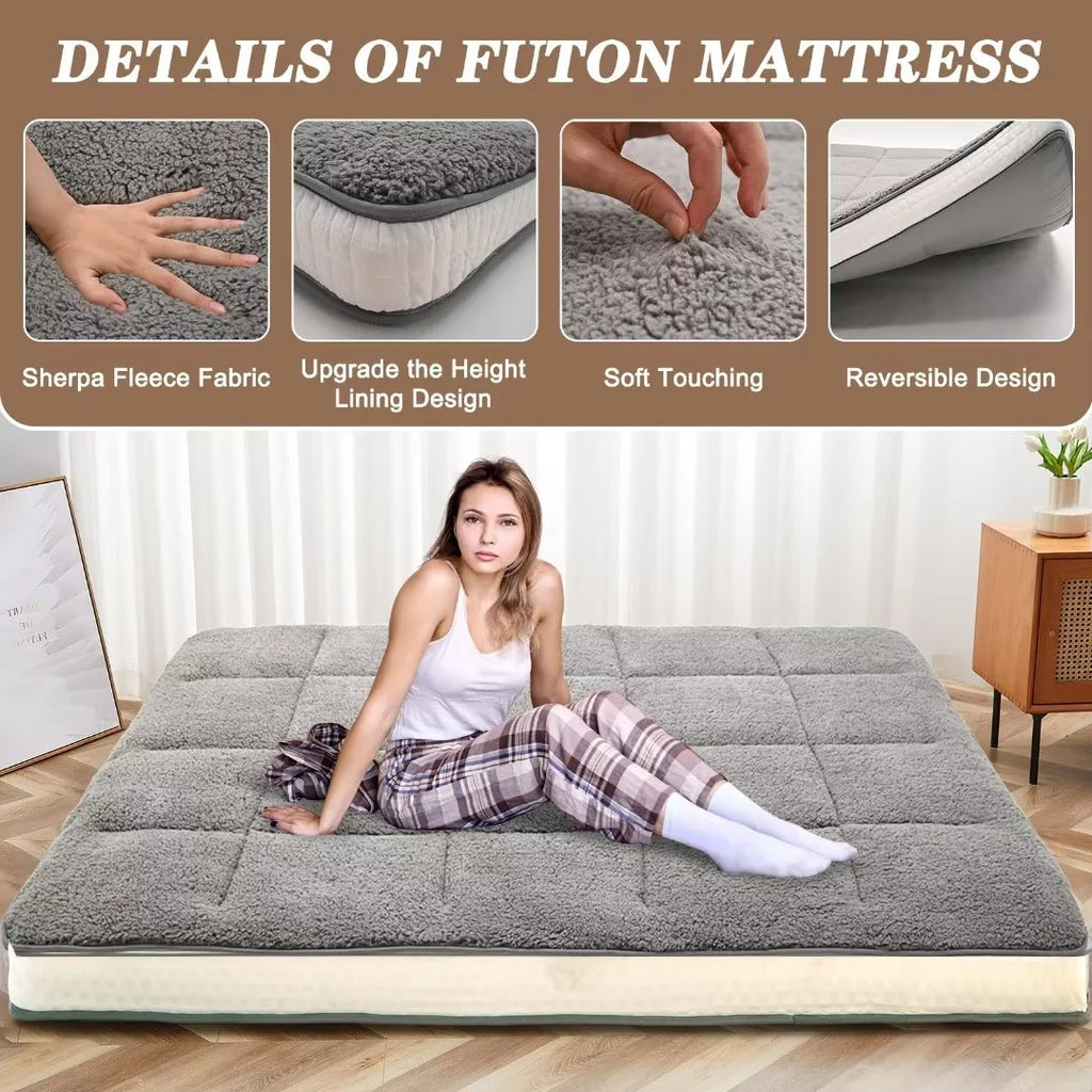 Japanese Floor Mattress 4" Thick Sherpa Fleece Futon Mattress S569129