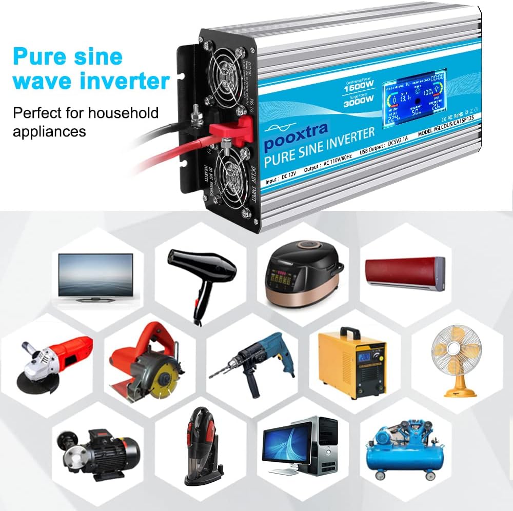 1500 Watt Pure Sine Wave Power Inverter 12V DC to 110V/120V AC with LCD Display USB Port 4AC Outlets V41910