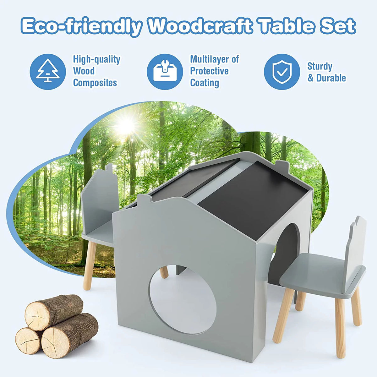 Kids Wood Table and Chair Set with Blackboard S355