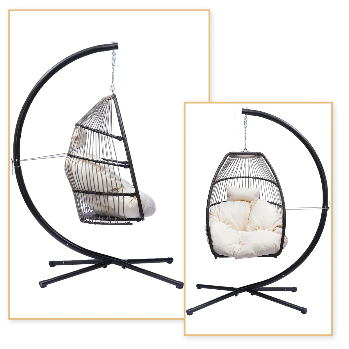 Beige Faux Rattan Folding Hanging Egg Chair with Cushion T676879