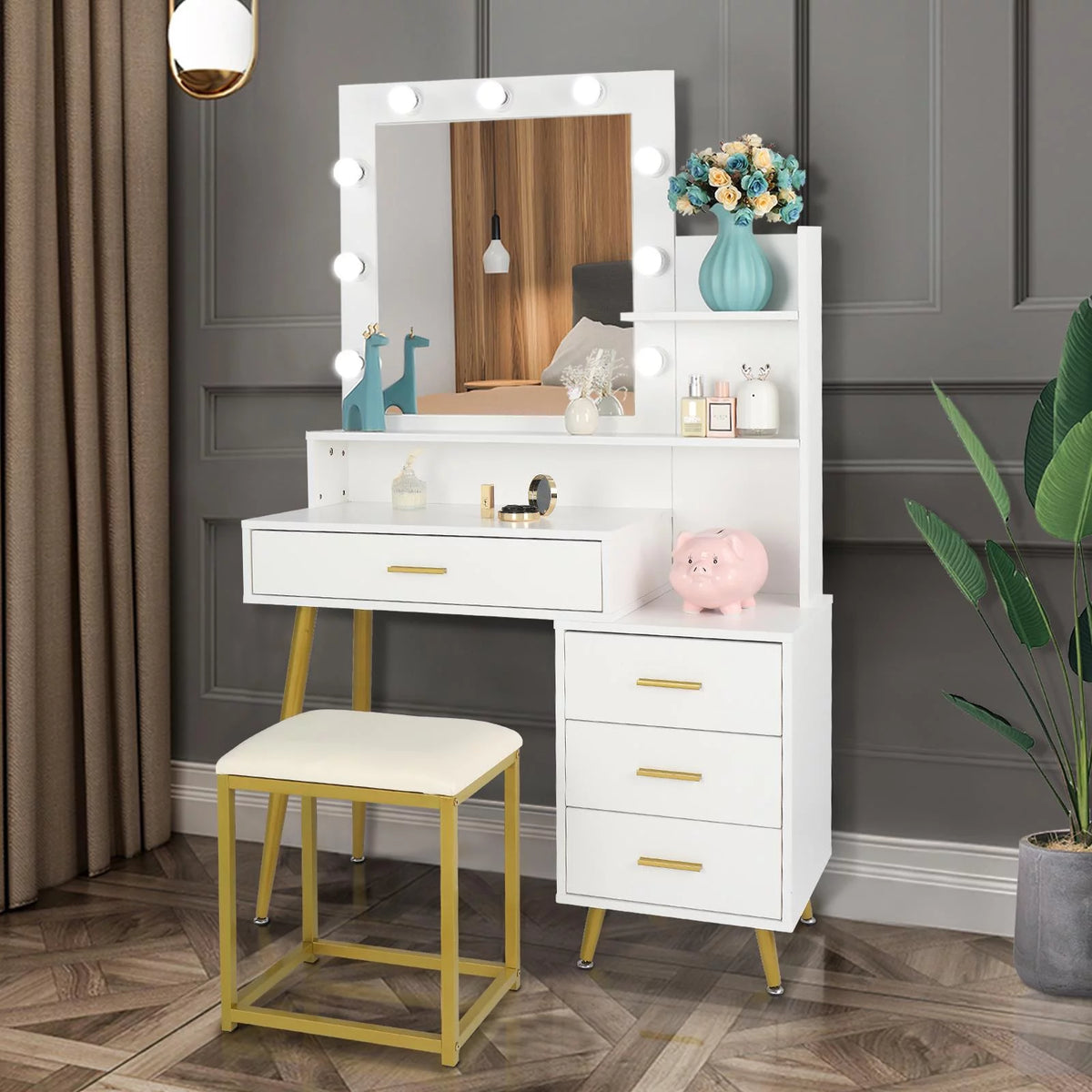 White Vanity Table Set with Lighted Mirror and 4 Drawers S165357