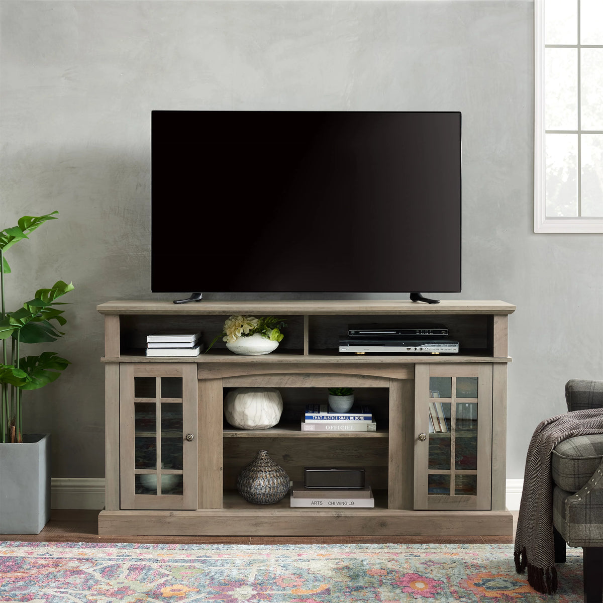 Gray Wash TV Stand with Storage and Cabinet J52062