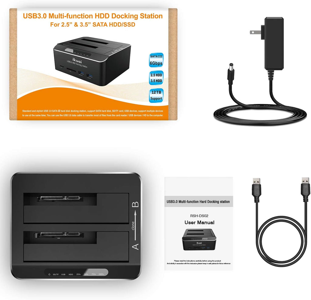 SATA to USB 3.0 Dual Bay Hard Drive Dock with SD TF Card Reader and Offline Clone Function W753847