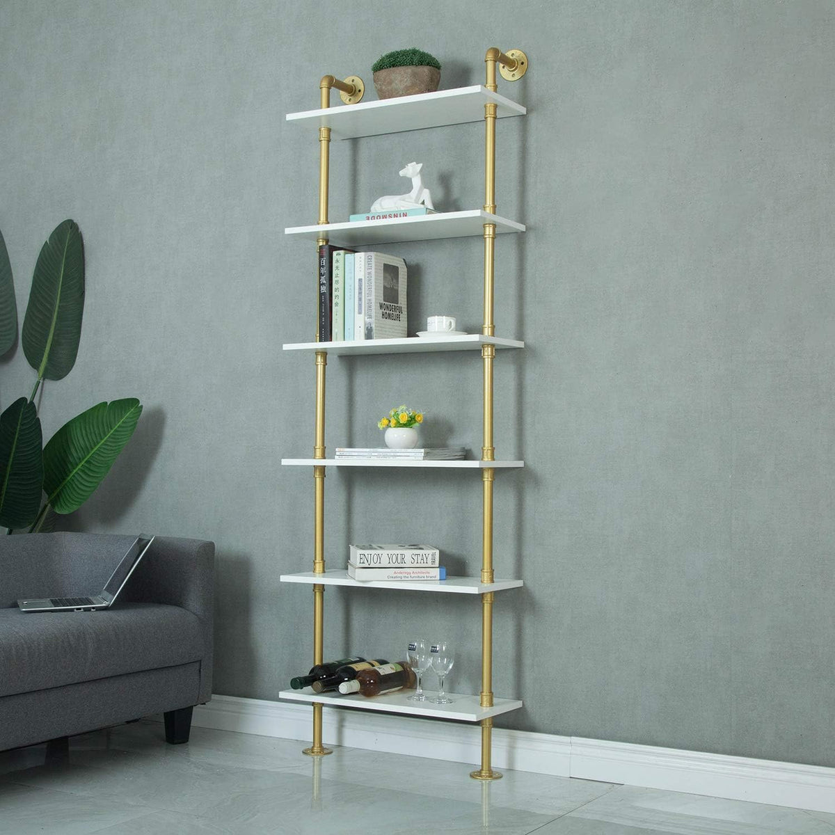 Gold 6-Tiers Wood Ladder Shelf Bookcase Q393277