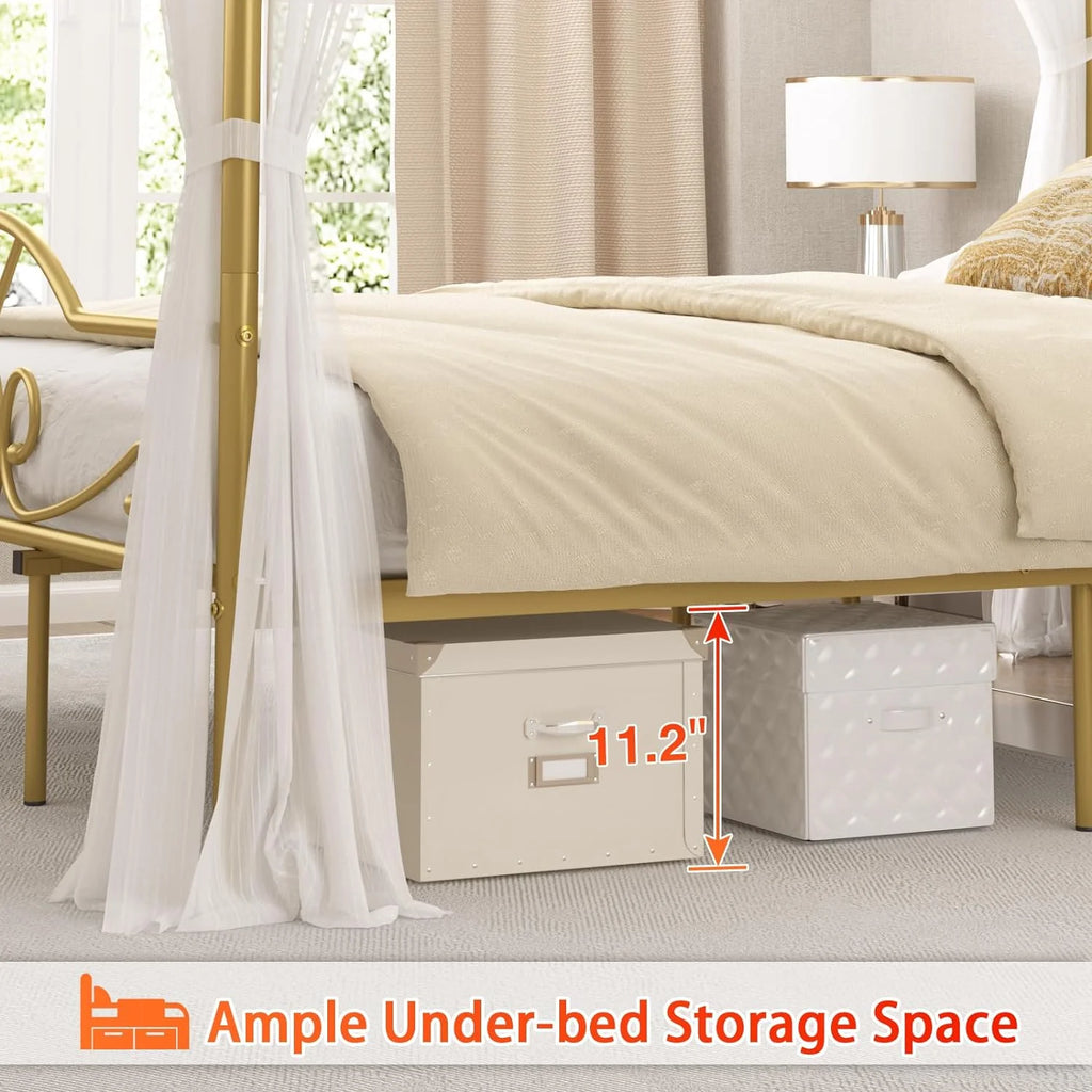 Full Size Gold Metal Canopy Bed Frame with Headboard and Footboard J34441