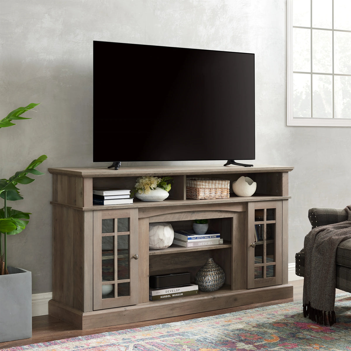 Gray Wash TV Stand with Storage and Cabinet J52062