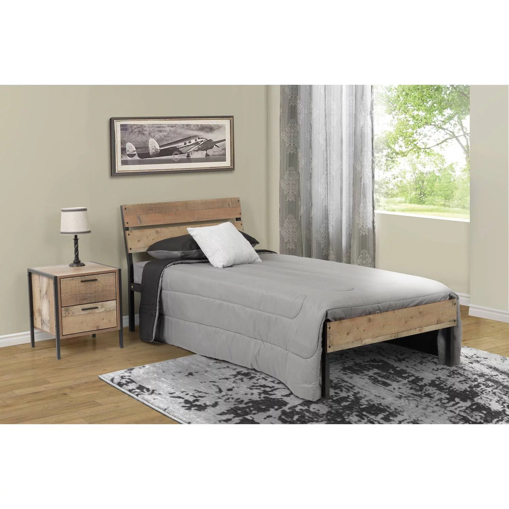 Twin Bed Frame with Black Metal Base and Rustic Barnwood Headboard and Footboard G3942
