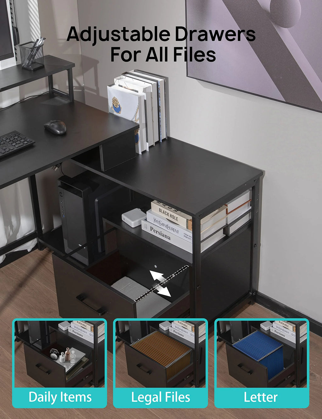 L-Shaped Computer Desk with File Drawer and Monitor Shelf B51348
